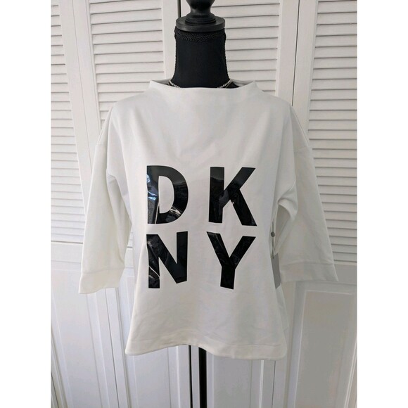DKNY Sport Sweatshirt Womens L HighLow Bold Black Lacquer Logo Techno Athleisure - Picture 2 of 15